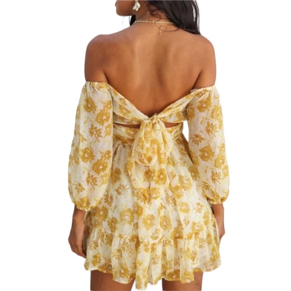C+D+M Yellow and White Off the Shoulder Tie Back Mini Dress Size L. NWT. - Picture 3 of 10